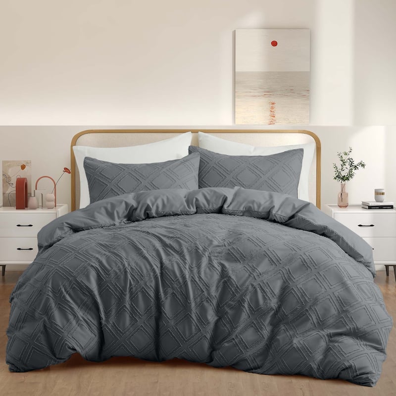 3 Piece Tufted Clipped Jacquard Geometric Oversized Duvet Cover Set - Twin - Square/Dark Gray