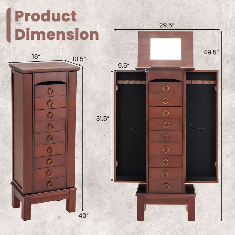 Costway Wood Jewelry Cabinet Armoire Storage Box Chest Stand Organizer - 10.5'' X16'' X40''