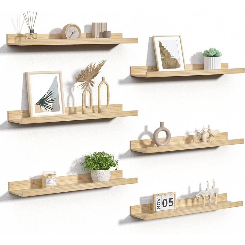 Decor Storage Set of 6 Floating Shelves for Wall, Wall Shelves - 23.6"D x 5.1"W x 1.7"H - Natural