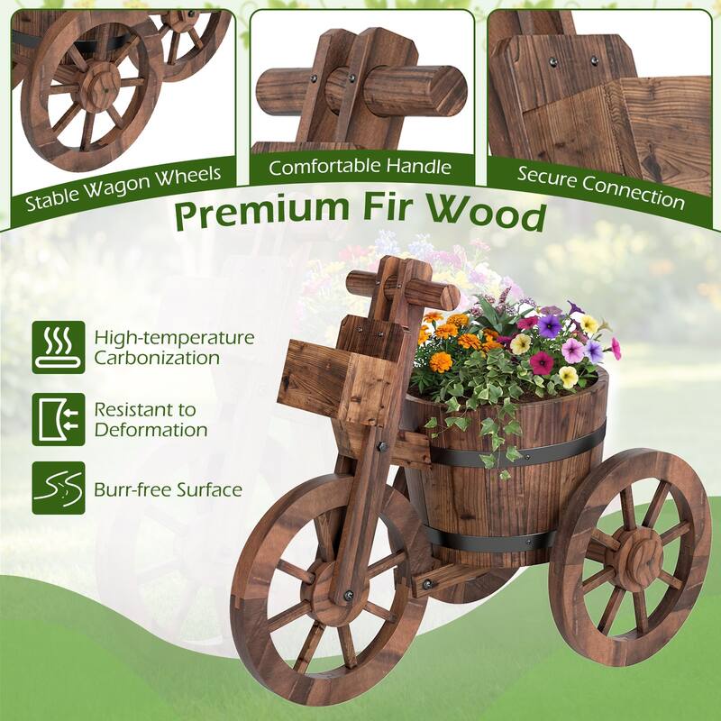 Gymax 2PCS Rustic Wood Tricycle Planter w/Barrel Pot & Storage Box for