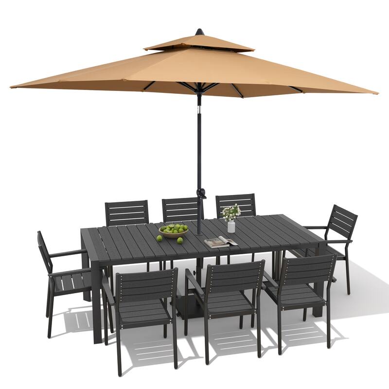 9/11-Piece Patio Dining Set Aluminum Dining Table and Chairs w/10 ft Market Umbrella and Base with Wheels