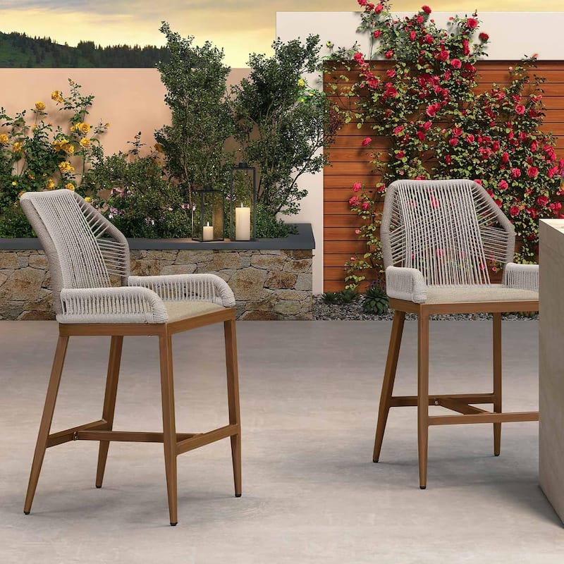 PURPLE LEAF Outdoor Bar Stools Chair Set of 2, All Weather Rattan and Aluminum Patio Bar Stool with Cushion - Umber-counter stool