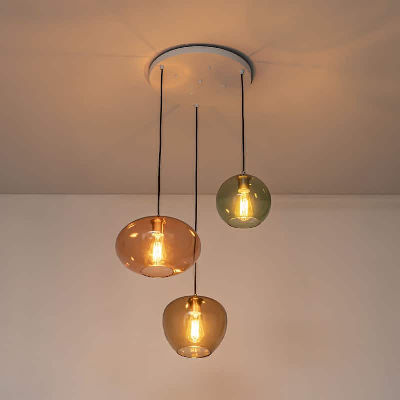 3-Light Modern Vintage Cluster White Pendant Light with Colored Glass Globe Shades - 23.62 in. W x 23.62 in. D
