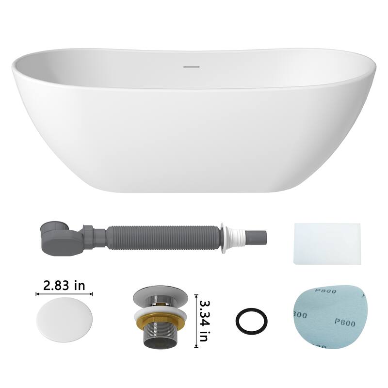 CASAINC Matte White Soaking Bathtub Solid Surface Stone Bathtub with Center Drain