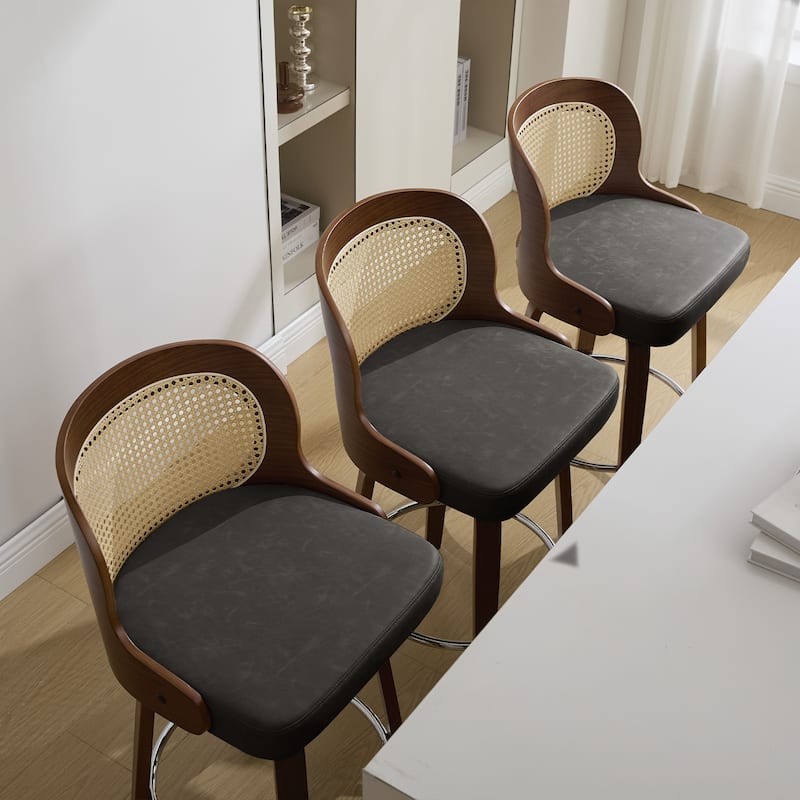 26" Upholstered Swivel Counter & Bar Stool with Rattan Back - 37.4"H x 19.09"W x 19.88"D
