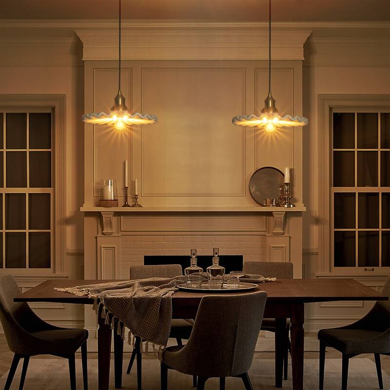 1-Light Modern Transitional Metal & Ceramic Pendant with Ruffled Wave-Edge Shade for Dining Room - 11.8" W x 5.5" H