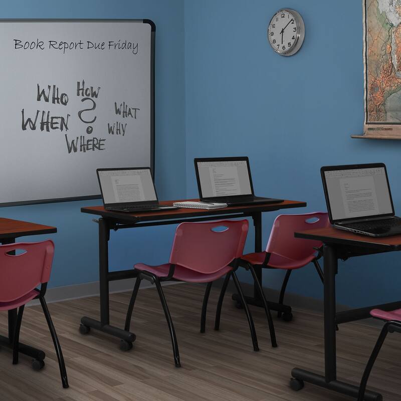48" x 30" Flip Top Mobile Training Table- Cherry and 2 "M" Stack Chairs- Burgundy