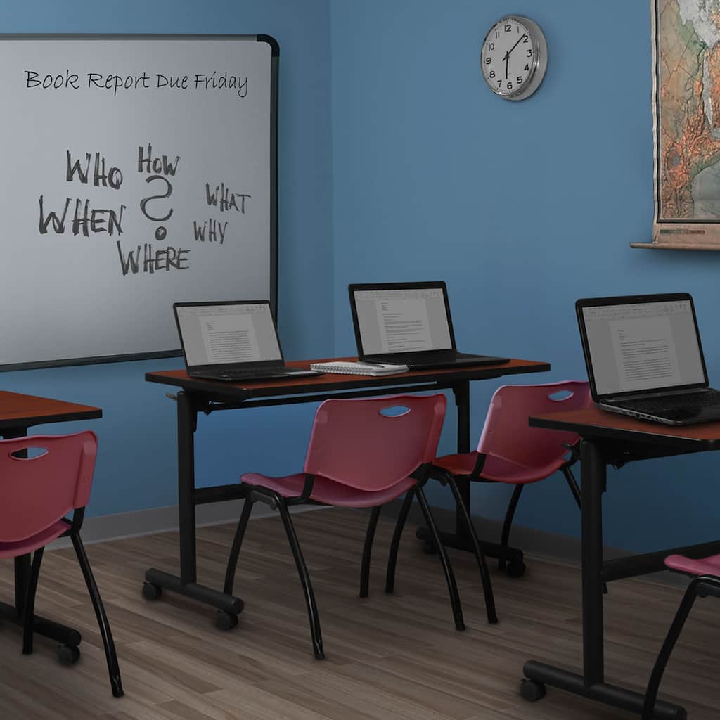 48" x 30" Flip Top Mobile Training Table- Cherry and 2 "M" Stack Chairs- Burgundy