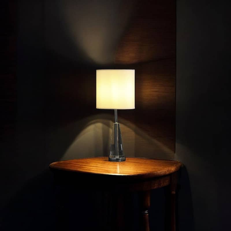 Silver Metal Bedside Table Lamp with White Linen Drum Shade and In-Line Switch - 9” x 9” x 21.5” (D x W x H)