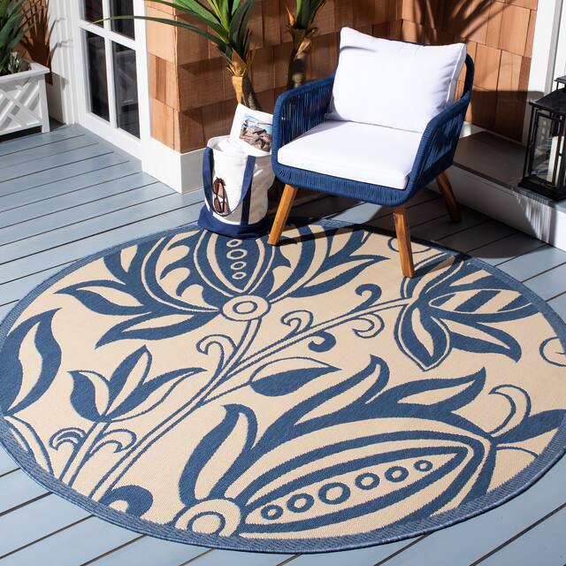 SAFAVIEH Courtyard Leatrice Indoor/ Outdoor Patio Backyard Rug - 6'7" x 6'7" Round - Natural/Blue