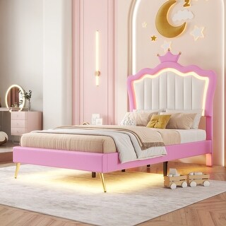 Twin Size Upholstered Princess Bed with LED Lights, Crown Headboard