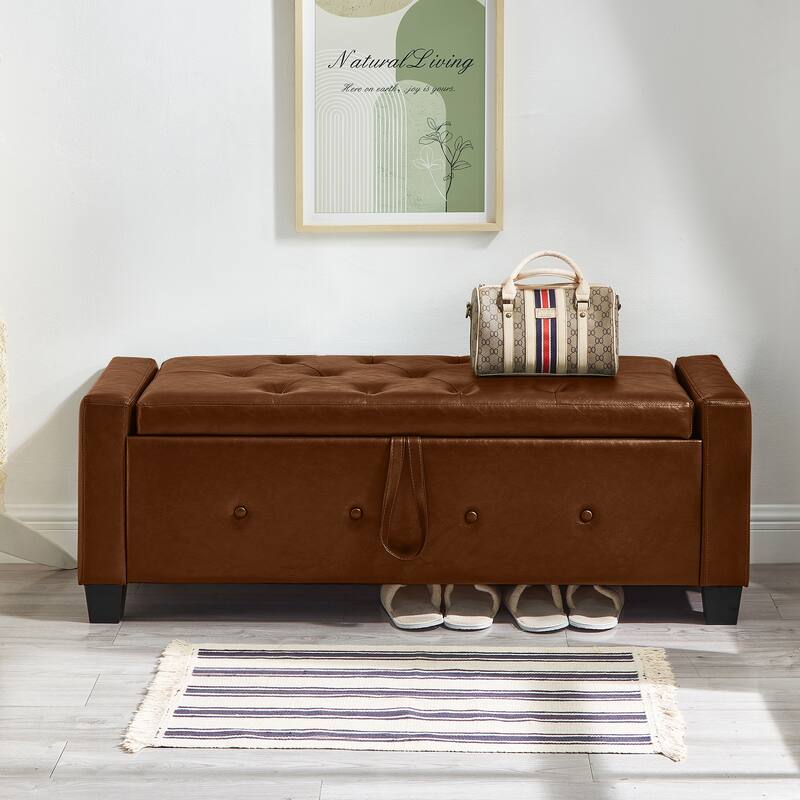Bedroom End of Bed Bench Storage Bench with Wood Legs, Leather Bench Brown Upholstered Bench Dining Bench