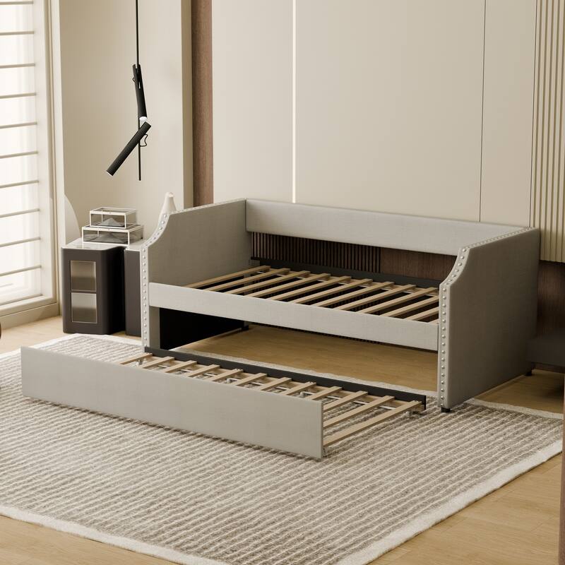 Modern Twin Size Upholstered Daybed with Trundle, Light Gray Fabric Sofa Bed with Plywood Slats and Nailhead Trim