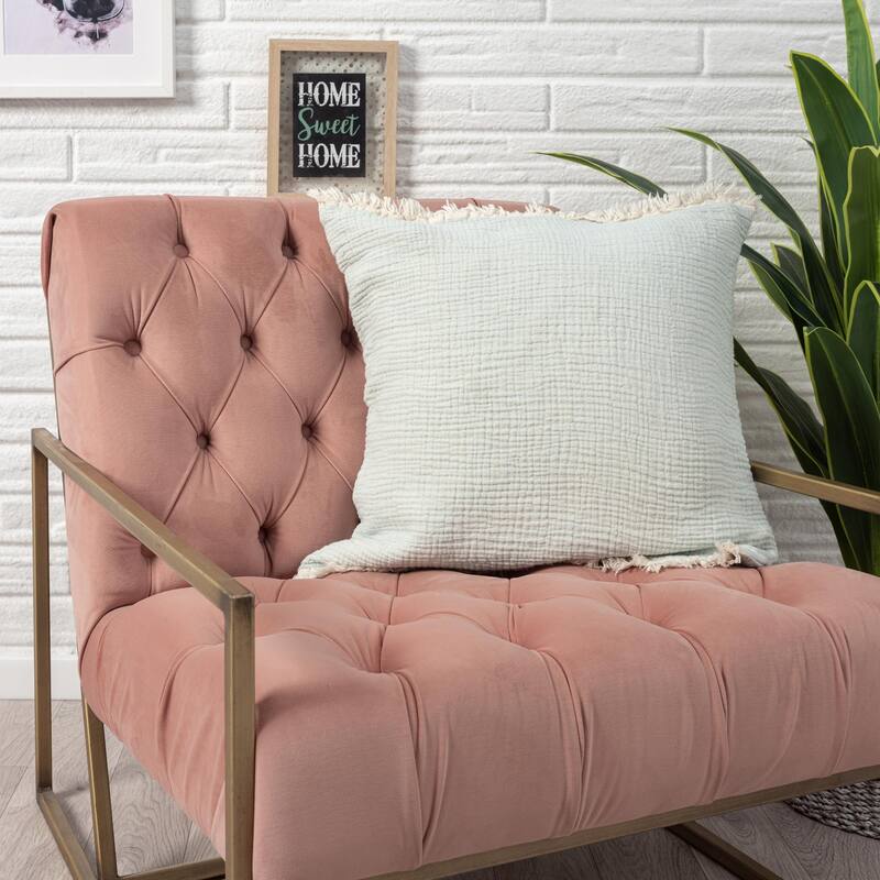 Crinkled Square Throw Pillow with Fringes - 20" - Aqua Green