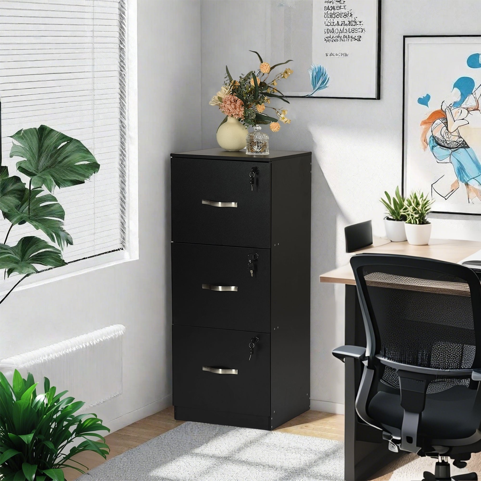Homy Casa Black 3-Drawer Mobile File Cabinet Lock and Wheels