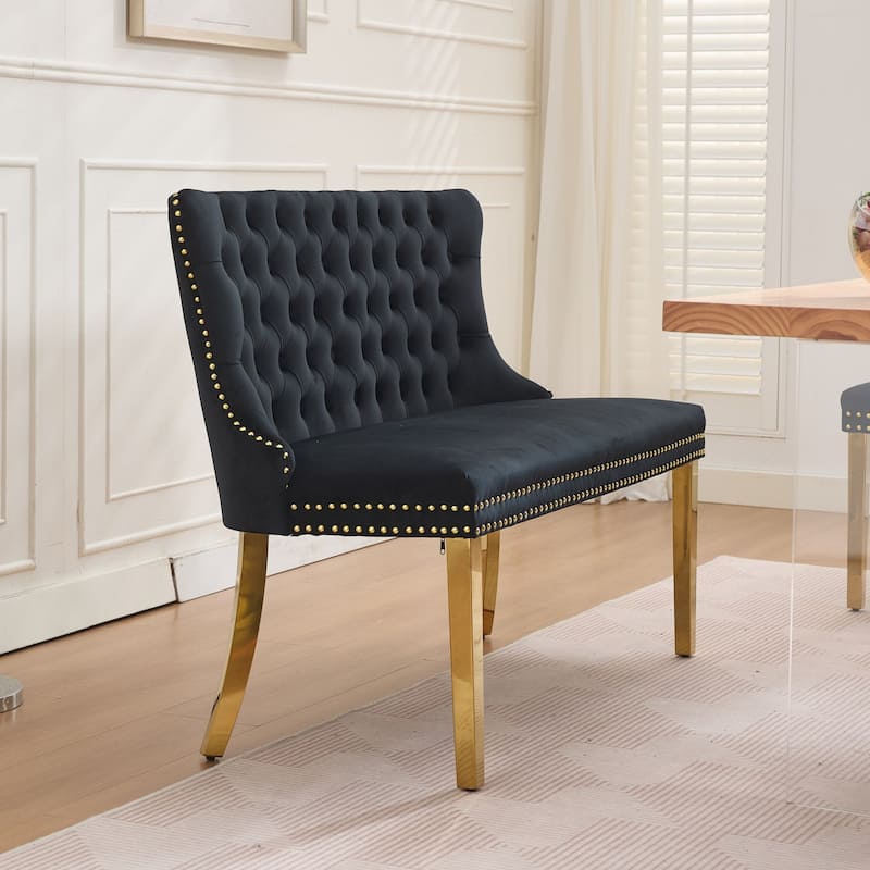 Velvet Double Dining Loveseat Bench, 2-Seat Tufted Bench w/Handmade Buttons, Wing Back, Gold-Plated Steel Legs, Single Pack