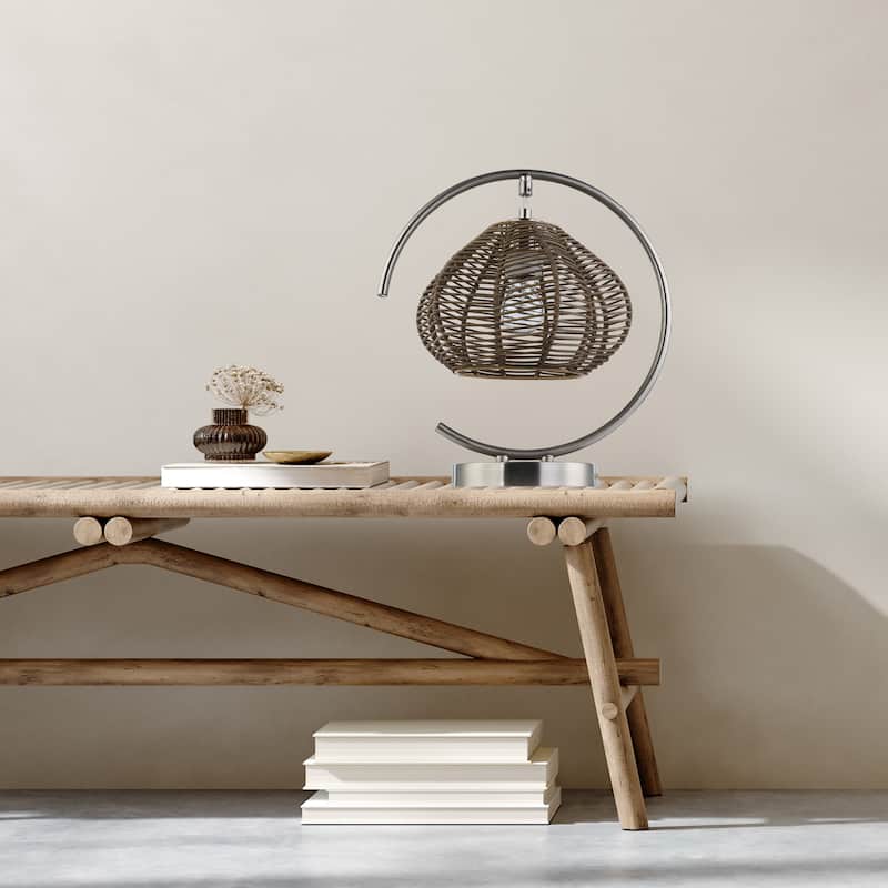 Gwendolyn River of Goods Tan Metal and Rattan Geometric Table Lamp - 12.625" x 9" x 13.75"