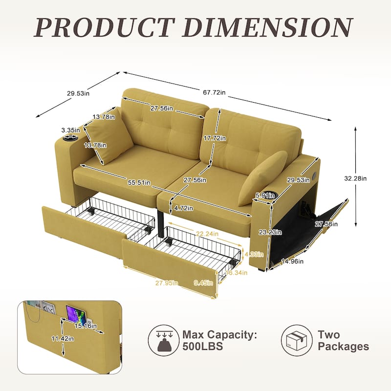Sofas, Couch Set, 3 Seats Sofa, USB Charging,Wood Frame, Easy to Install, with Storage, Charging Station, Cup Holder