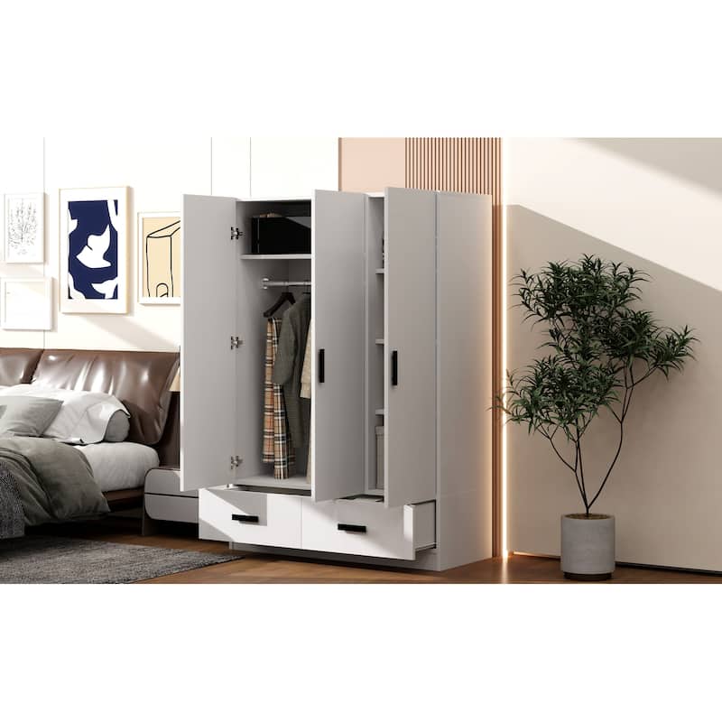 Roomfitters 3-Door Wardrobe Closet with Hanging Rod, Multi-Tier Shelves and Hidden Storage Compartments, White