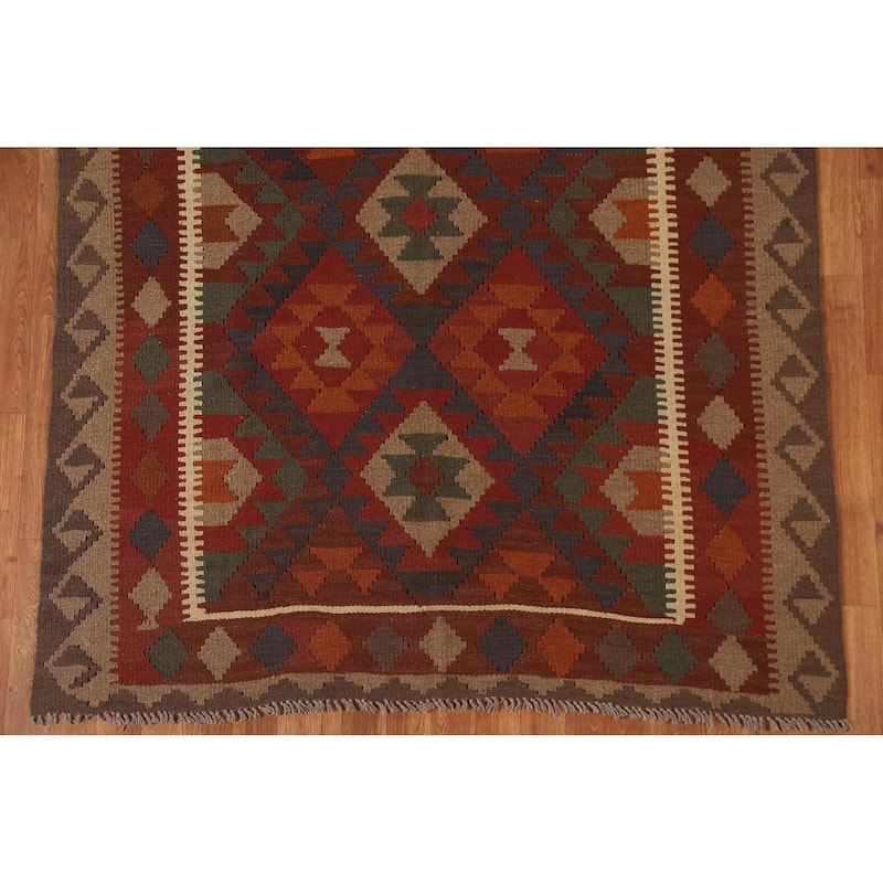 Geometric Kilim Area Rug Hand-woven Reversible Wool Carpet - 5'0" x 8'4"