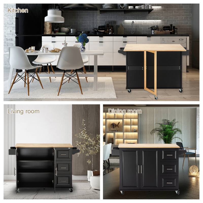 Kitchen Island with Extensible Wood Table Top, Mobile Island Table on Wheels, Kitchen Cart with Adjustable Shelf & 3 Drawers