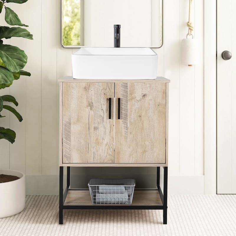 24" Bathroom Vanity Sink Combo Oak Cabinet Vanity Tempered Glass/Ceramic Sink - black line ceramic sink
