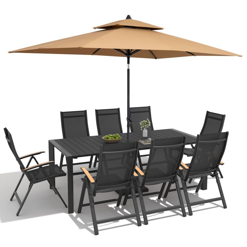 9/11-Piece Outdoor Patio Dining Set Aluminum Dining Table and Chairs w/10 ft Market Umbrella and Base