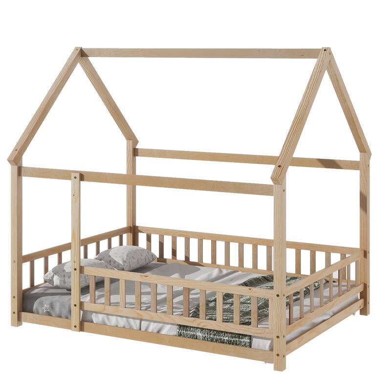 Full Size Wooden Floor Bed with House Roof Frame, Fence Guardrails for Kids, Bedroom