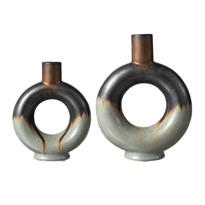 Glitzhome Retro Two-tone Color with Circle Hollow Ceramic Table Vases (Set of 2)