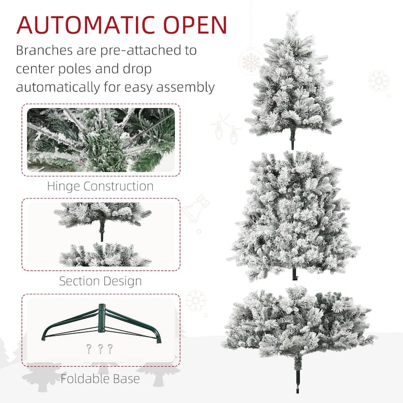 7.5 ft Pre-Lit Artificial Christmas Tree with 500 Clear Lights and 1530 Tips, Snow Flocked Christmas Tree - Green