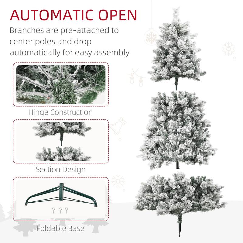 HOMCOM Pre-Lit Flocked Christmas Tree - Clear Lights, Metal Stand, Hinged Branches - Green
