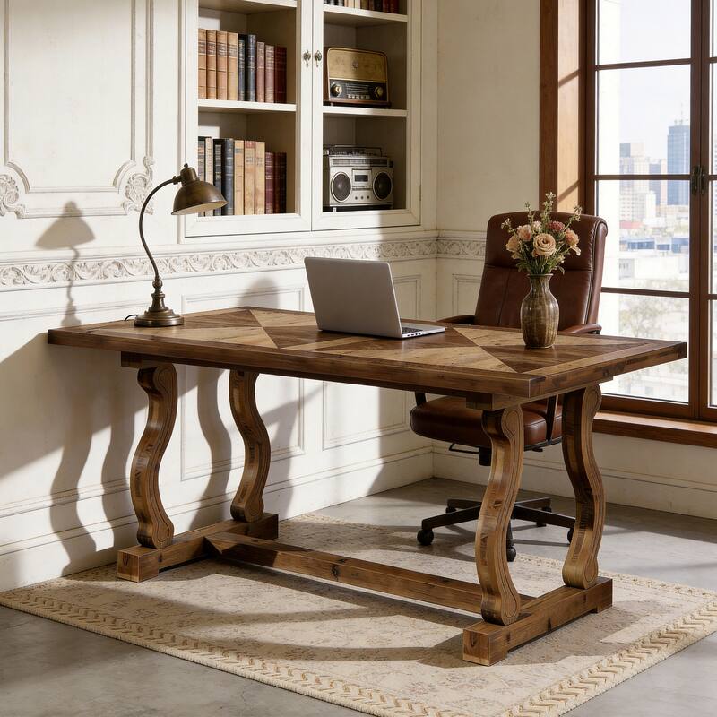 63" Solid Wood Office Executive Desk with Diamond Parquetry Top and Scroll Legs