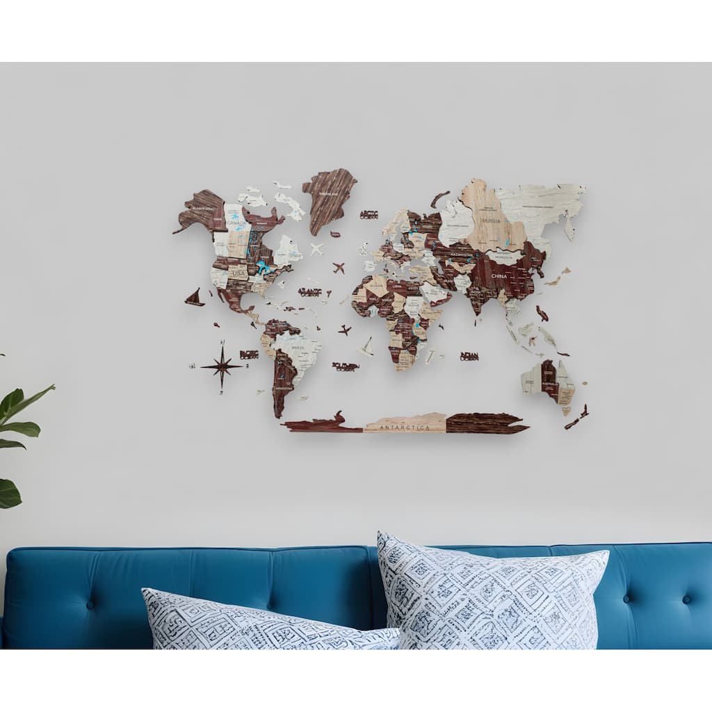 HomeRoots 24" X 39" Brown and Beige Wood World Map Hanging Dimensional Sculpture