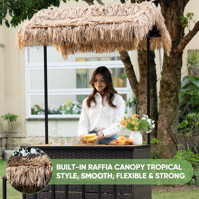 Pocassy Outdoor Tiki Bar Patio Set with 2 Stools Storage for Garden