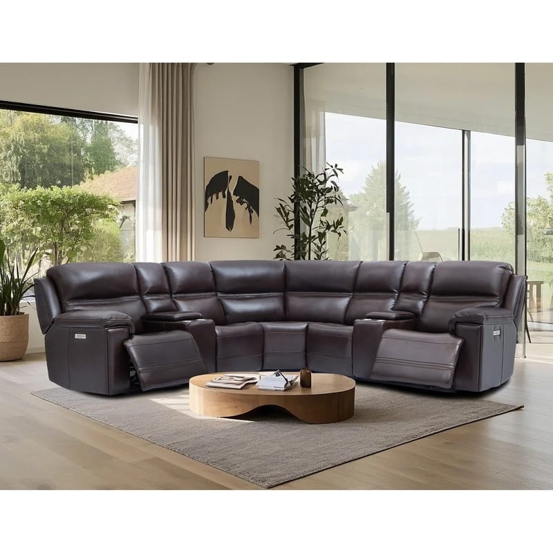 121" W Premium Genuine Leather Dual-Power Sectional Sofa with Console, Zero Gravity, Adjustable Headrest - Dark Brown