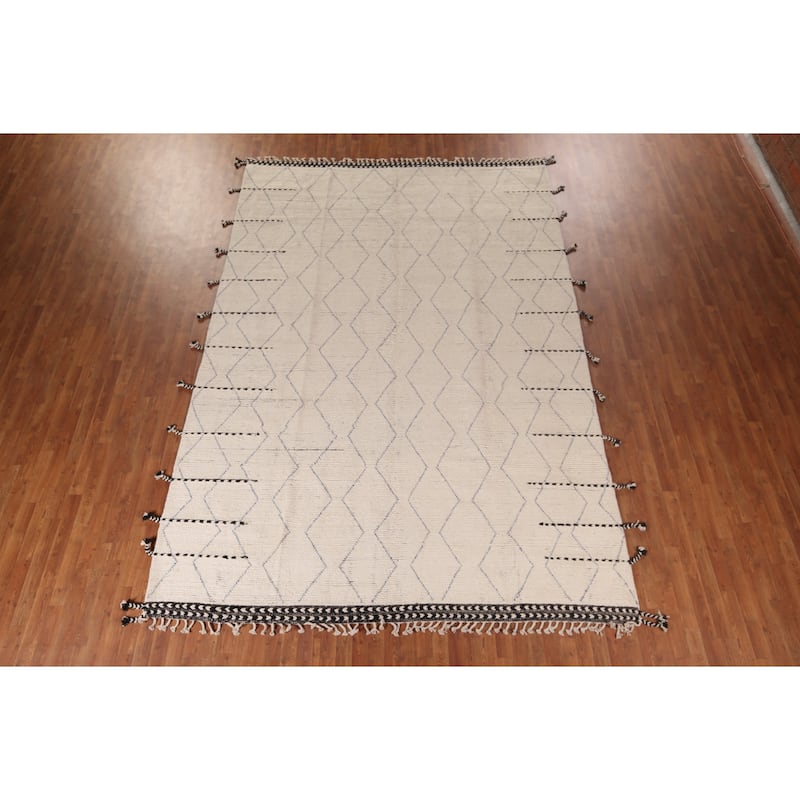 All-Over Ivory Moroccan Oriental Area Rug Handmade Wool Carpet - 8'8"x 12'11"