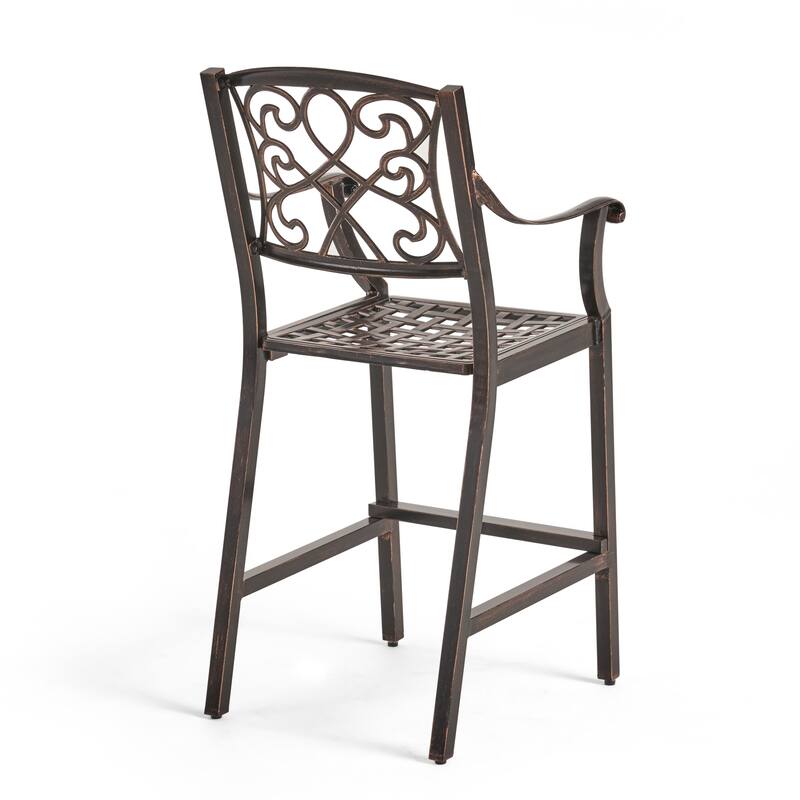 Roomfitters 2-Piece Outdoor Metal Bar Stools, Cast Aluminum Patio Dining Chairs with Ornate Scrollwork Backrest, Copper