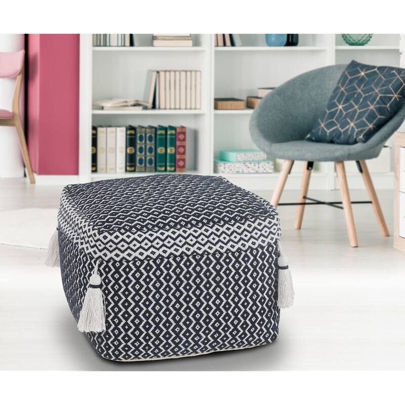 18" Navy and White Geometric Diamond Square Pouf Ottoman
