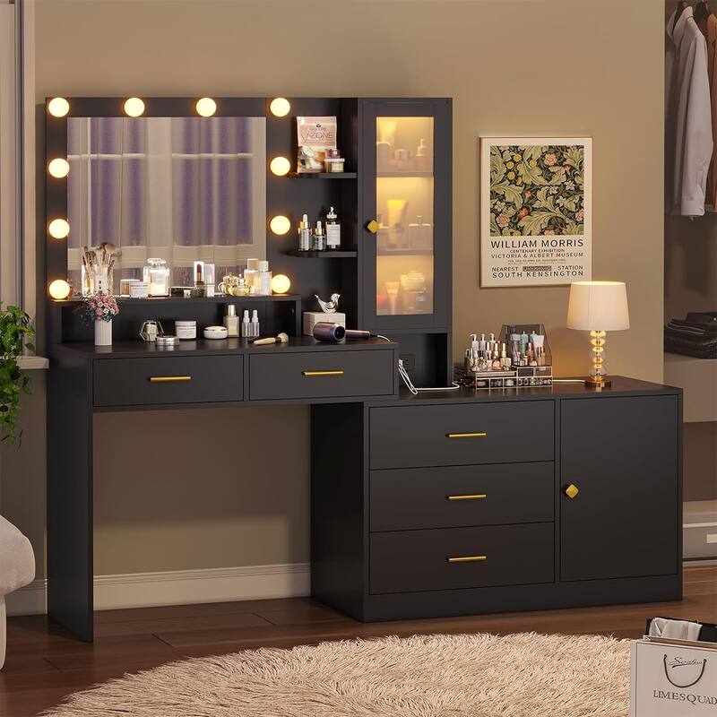 Makeup Vanity Desk Light Bulbs & RGB Cabinets Drawers Storage Shelves