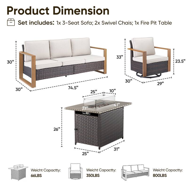 Pocassy 4 Pieces Outdoor Sofa Swivel Chair with Fire Pit Table Set