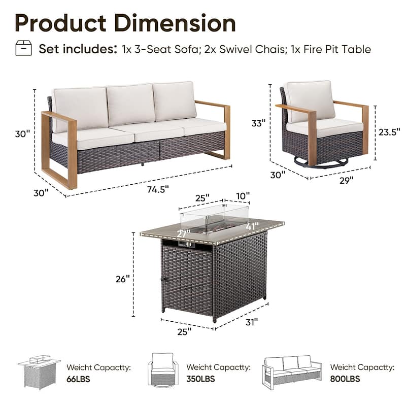 Pocassy Fire Pit Table with Outdoor Sofa Chair Ottoman Set