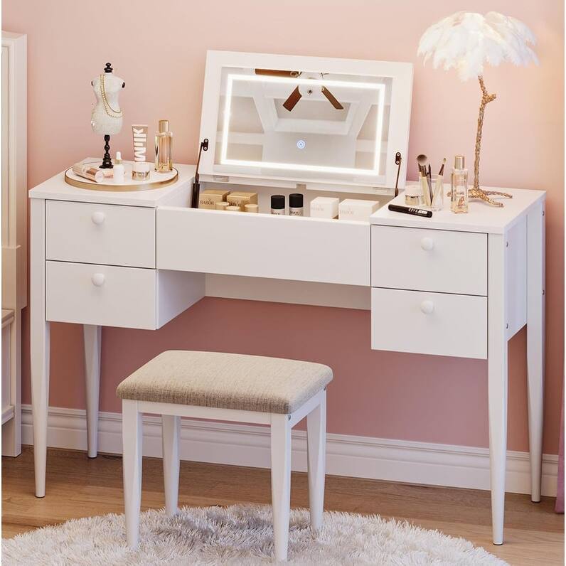 3-in-1 Vanity Desk with Flip Top LED Mirror, 5 Drawers, and Cushioned Stool