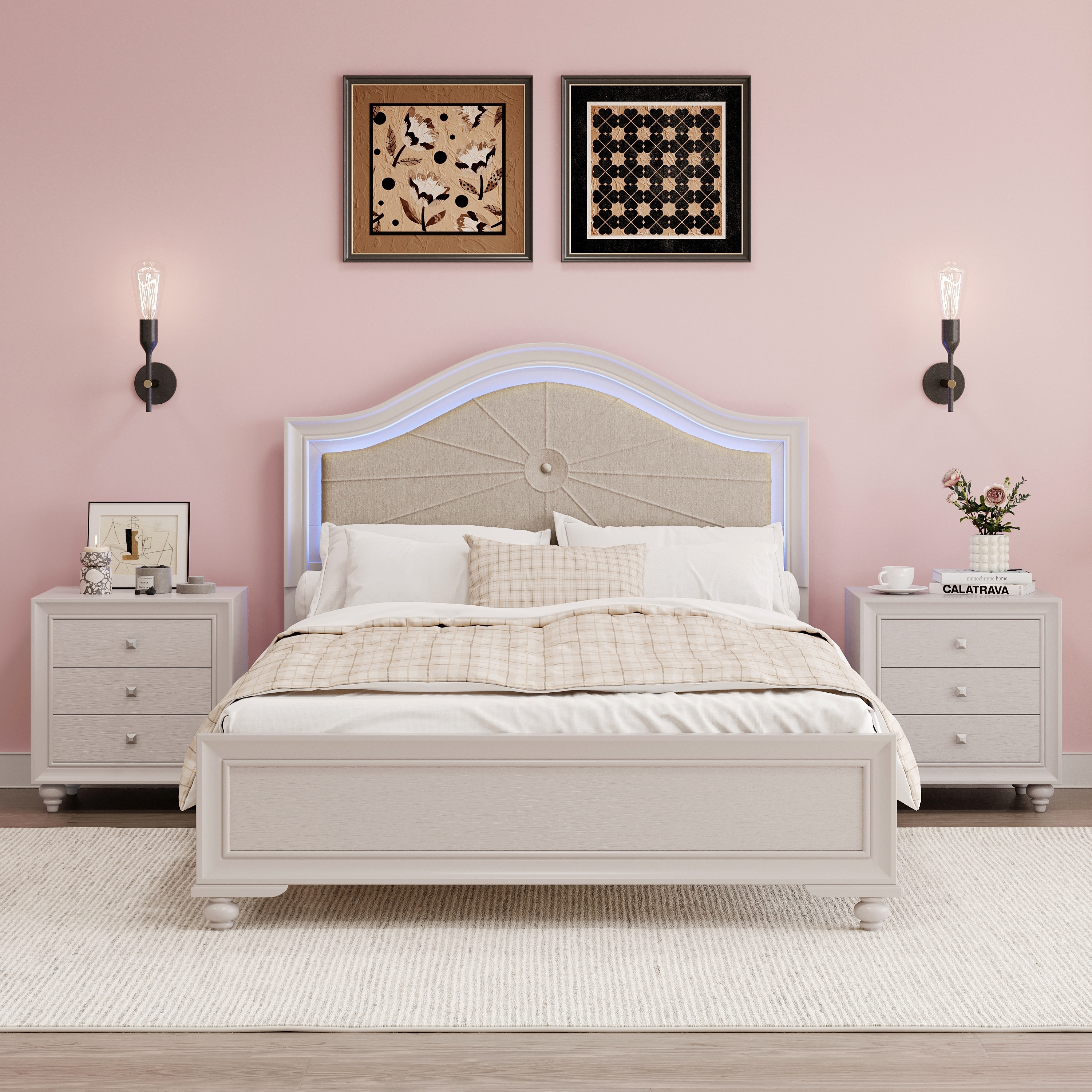 3 Pieces Modern Bedroom Sets, 2 Nightstands Full/Queen Size Wood Platform Bed Frame with LED Light on Upholstered Headboard