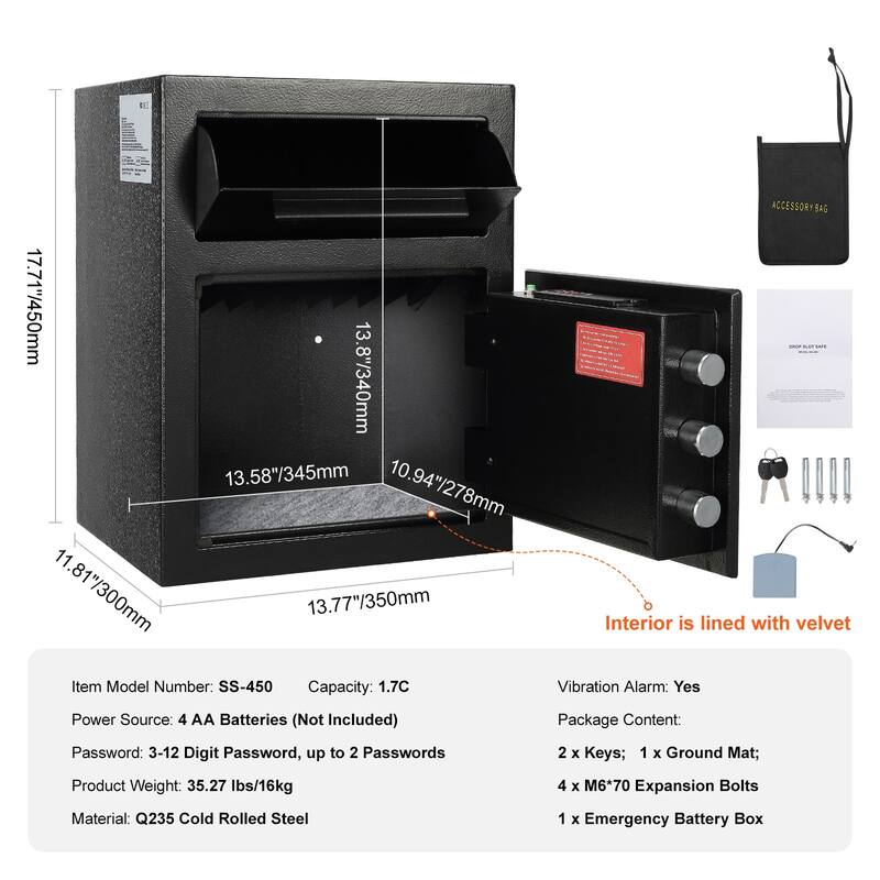 Depository Safe, Deposit Safe with Drop Slot, Electronic Code Lock and 2 Emergency Keys, Business Drop Slot Safe