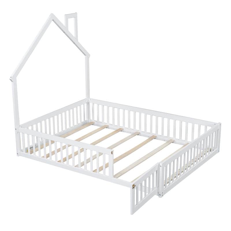 Full Size Wood House Platform Bed with Door and Guardrail, Kids Bed