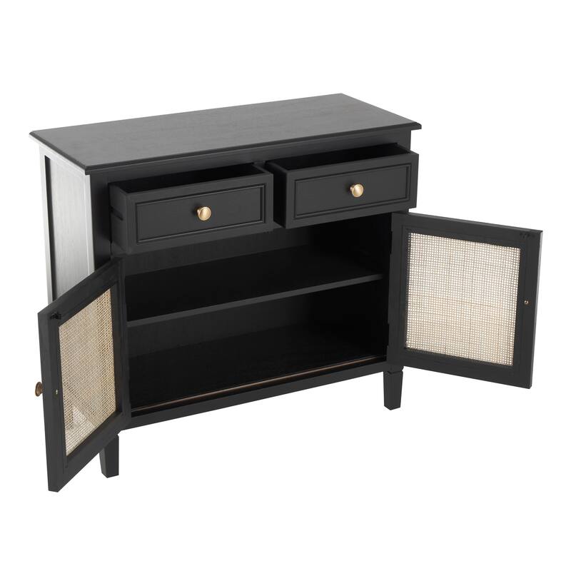 Black Wood Handmade 2 Drawers and 2 Door Cabinet with Rattan Front