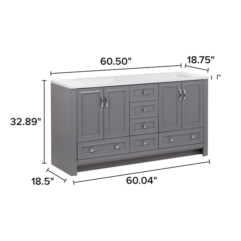 Spring Mill Cabinets Nimay 60.5" Double Bathroom Vanity With 5 Drawers, 2 Cabinets, and White Sink Top