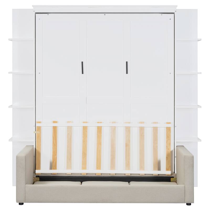 Queen Murphy Wall Bed with Built-In Sofa, Fold-Away Design, and Storage Cabinet for Space-Saving Living Spaces