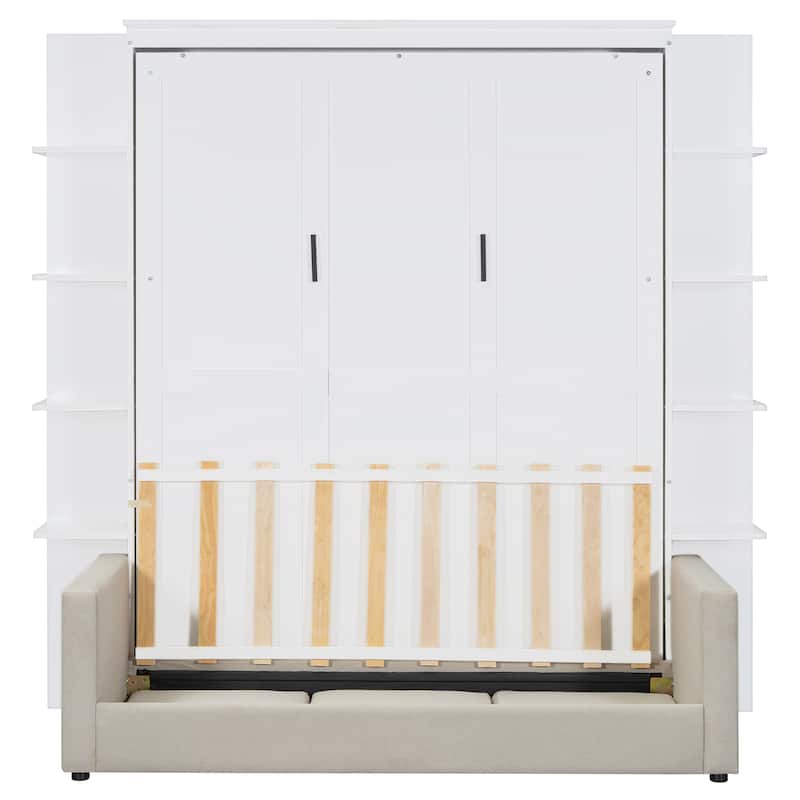 Queen Size Murphy Bed with Sofa, LED Lights & Shelves