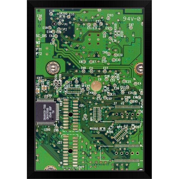 "Close up macro shot of a computer printed circuit board with microchip" Black Framed Print